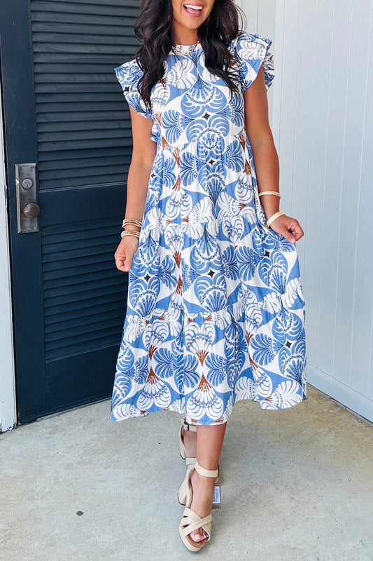 Sky Blue Botanic Print Flutter Sleeve Vacation Long Dress