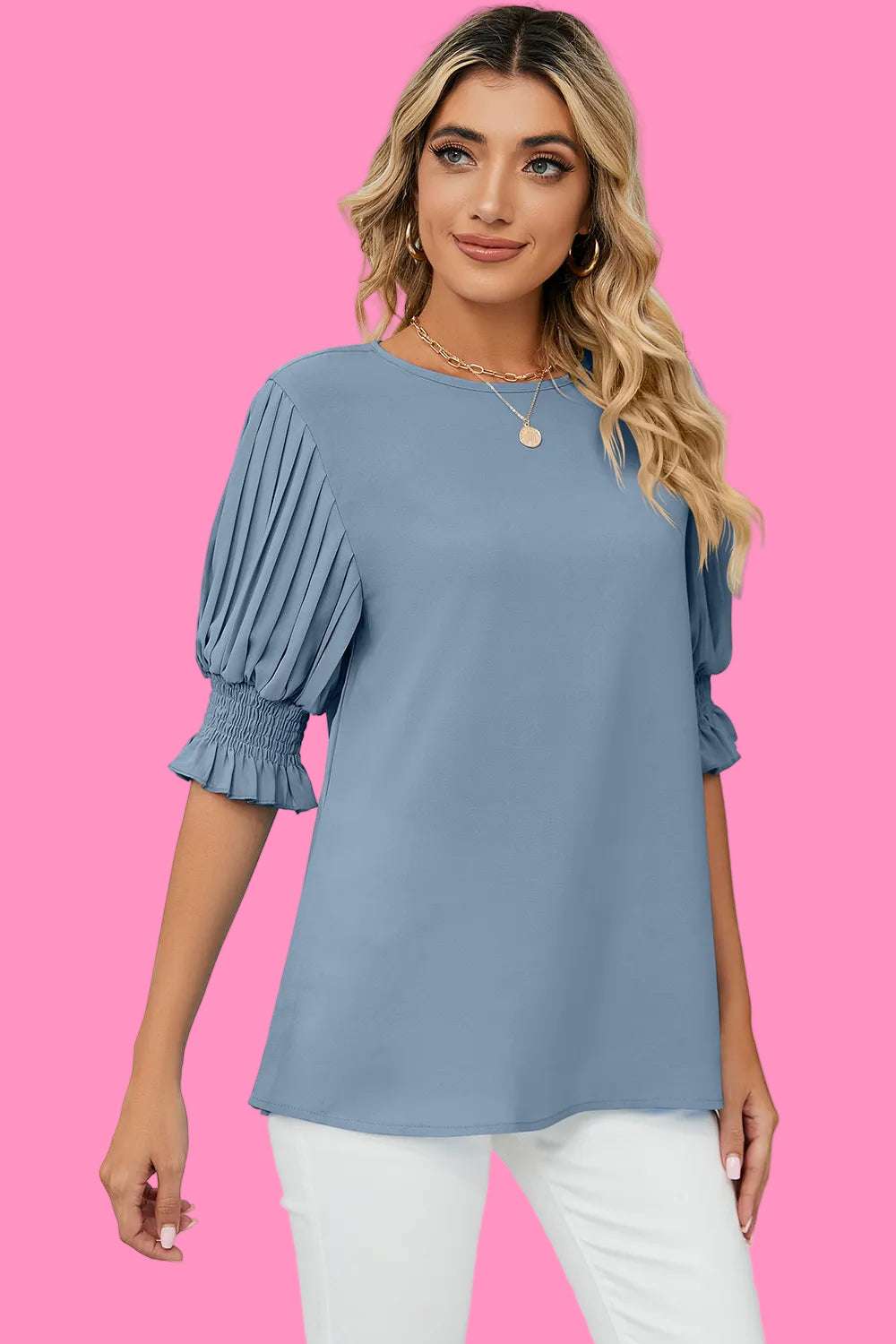 Solid color round neck ruffle princess sleeves loose chiffon top for women