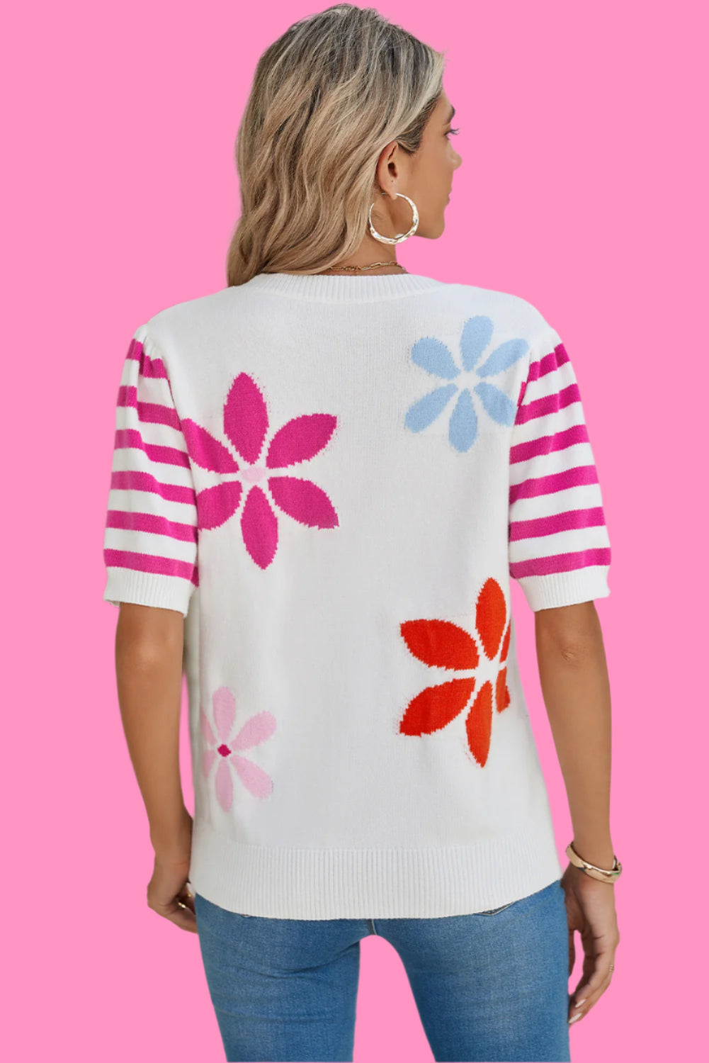 White Colorful Floral Print Striped Sleeve Knitted Tee