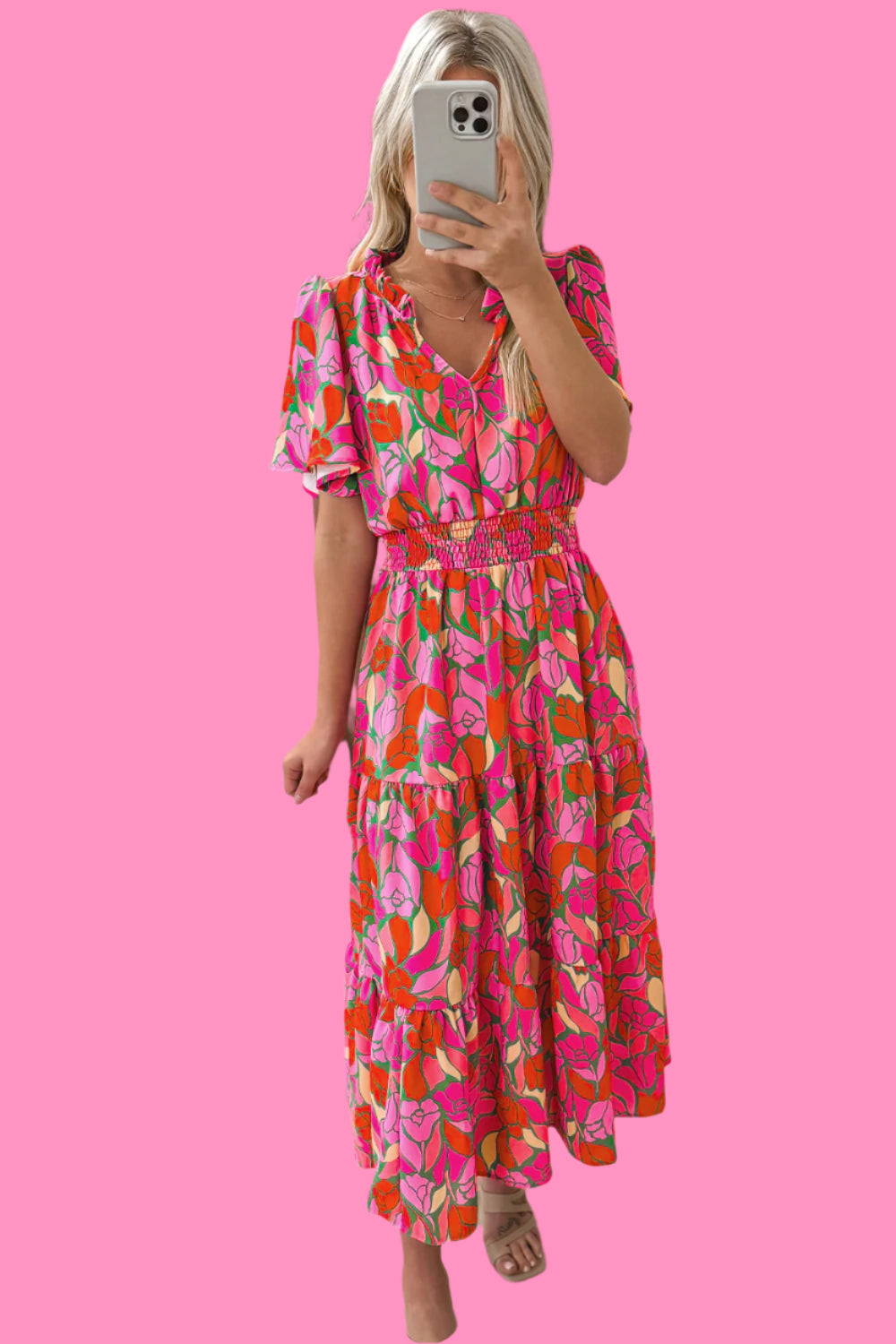 Rose Floral Flounce Sleeve Smocked Waist Tiered Maxi Dress