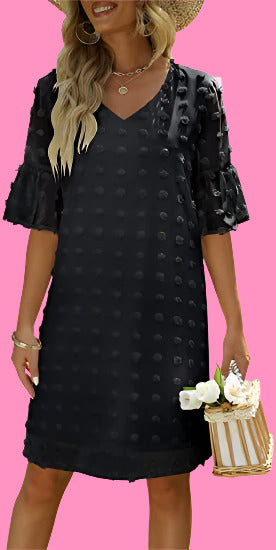 Lese's V-Neck Chiffon Swiss Dot Short Sleeve Dress