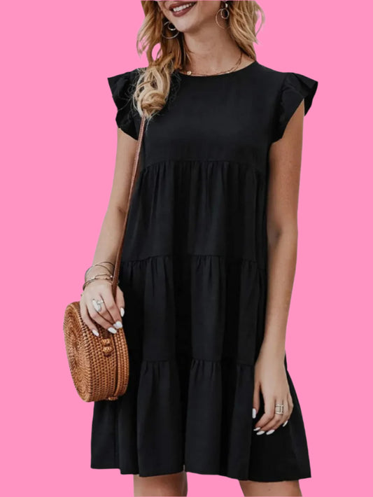 Ruffled Round Neck Cap Sleeve Mini Dress