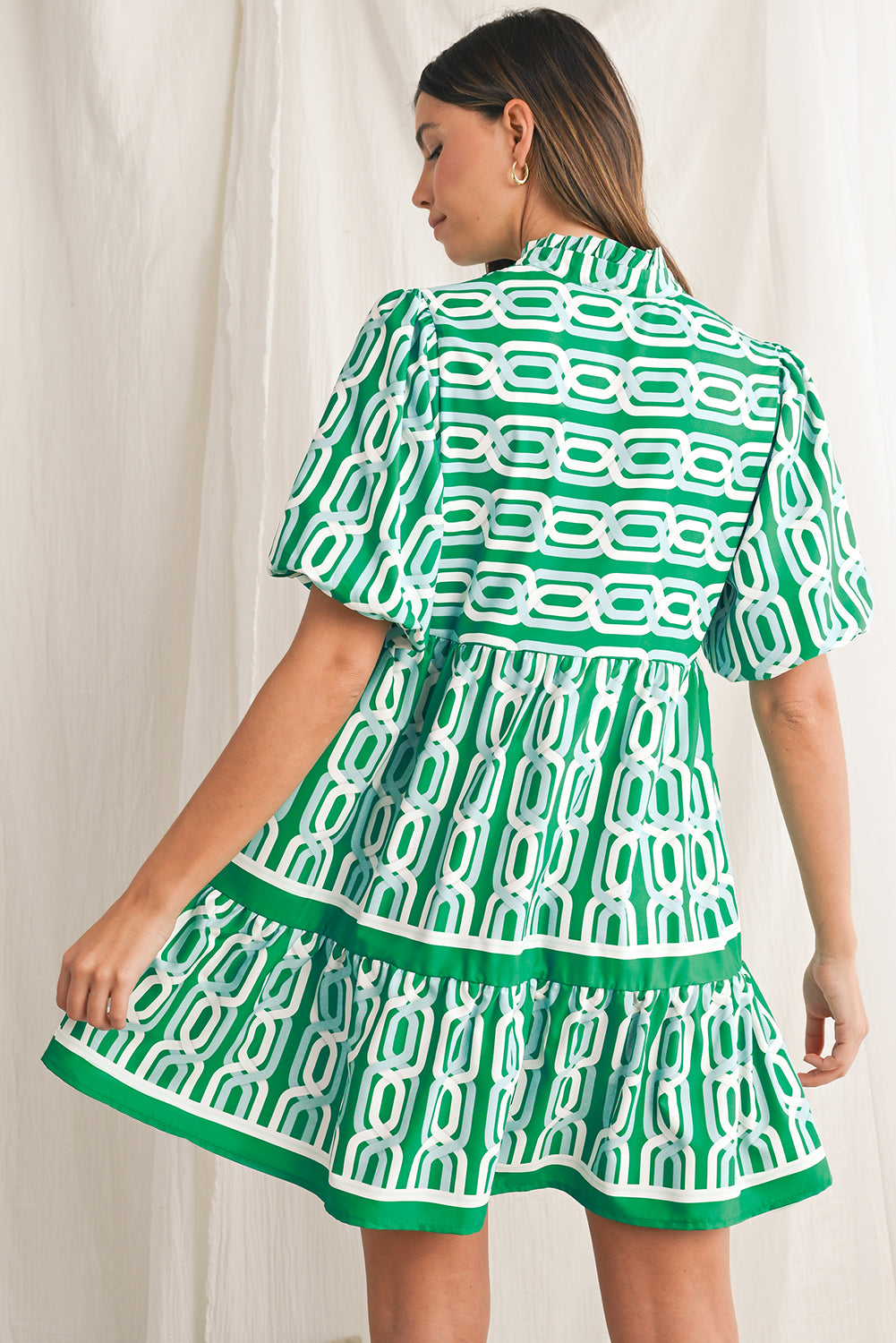 Bright Green Abstract Print V-Neck Puff Sleeve Mini Dress