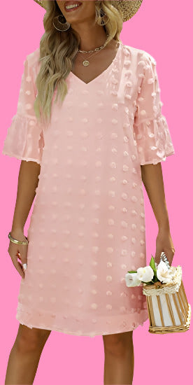 Lese's V-Neck Chiffon Swiss Dot Short Sleeve Dress