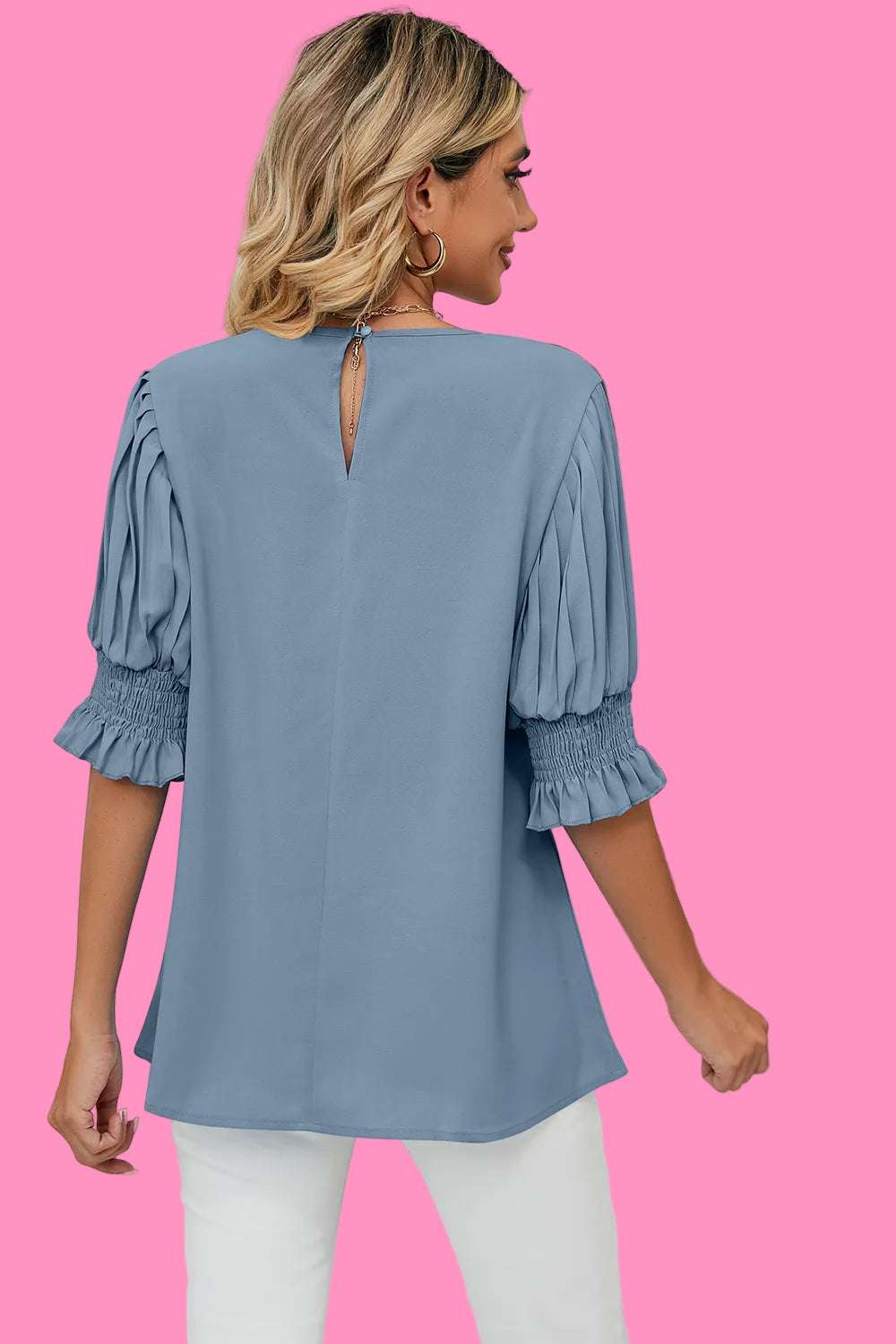 Solid color round neck ruffle princess sleeves loose chiffon top for women