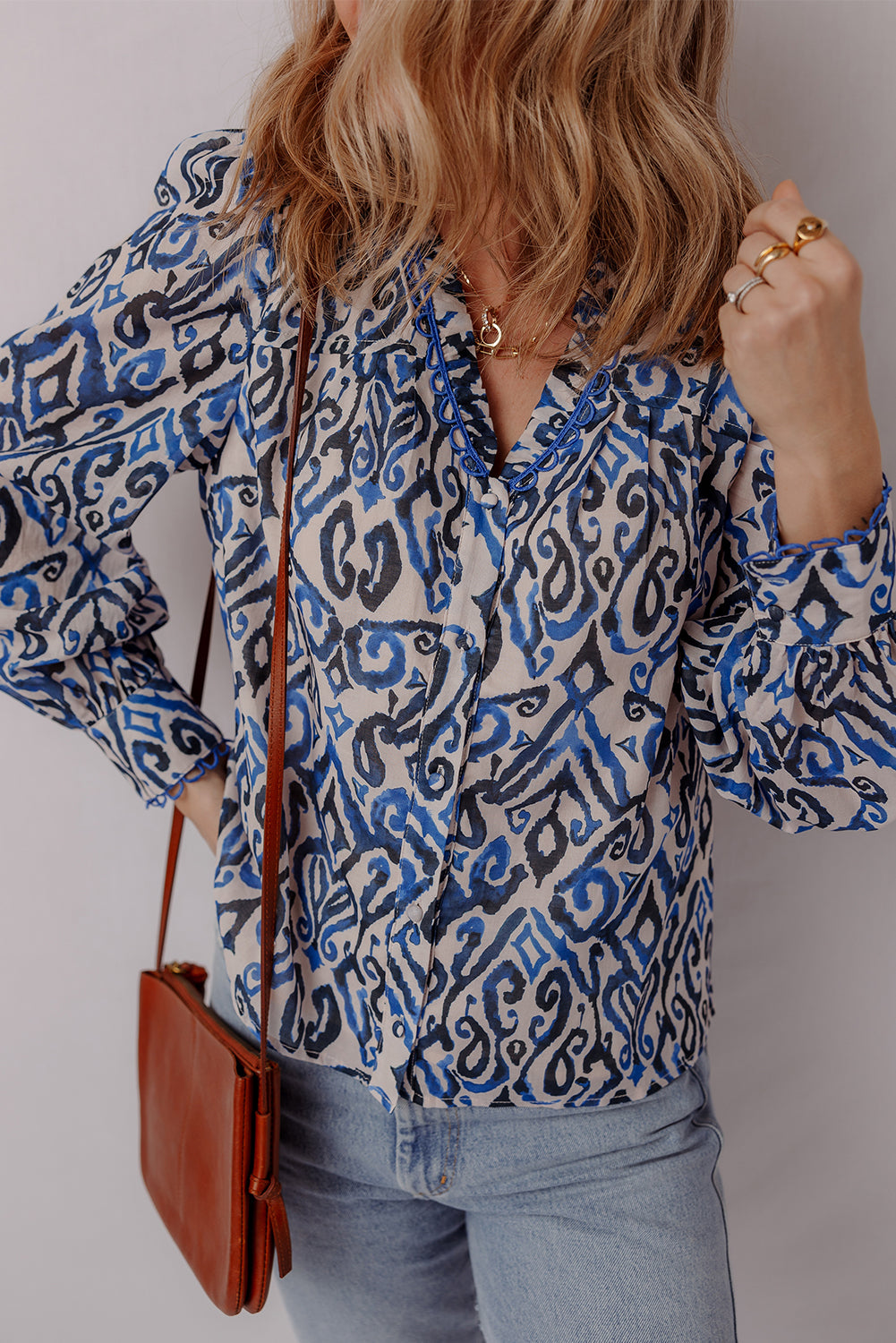 Blue Abstract Long Sleeve Blouse