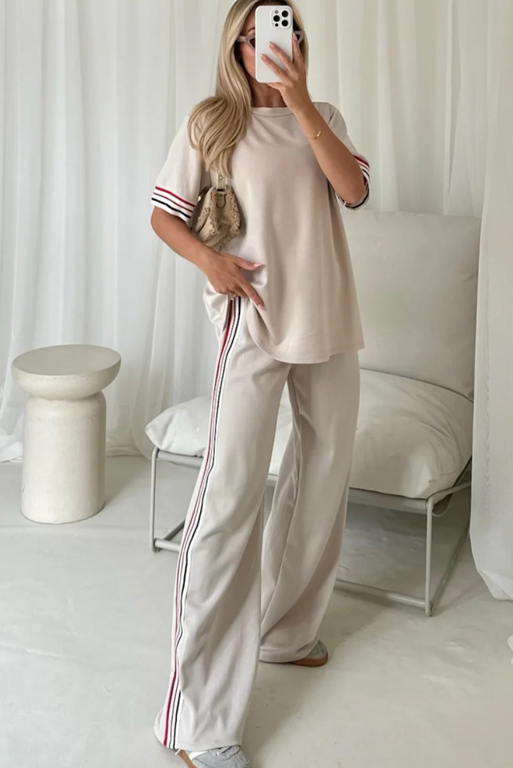 Striped Trim Crewneck T Shirt Loose Straight Pants Set