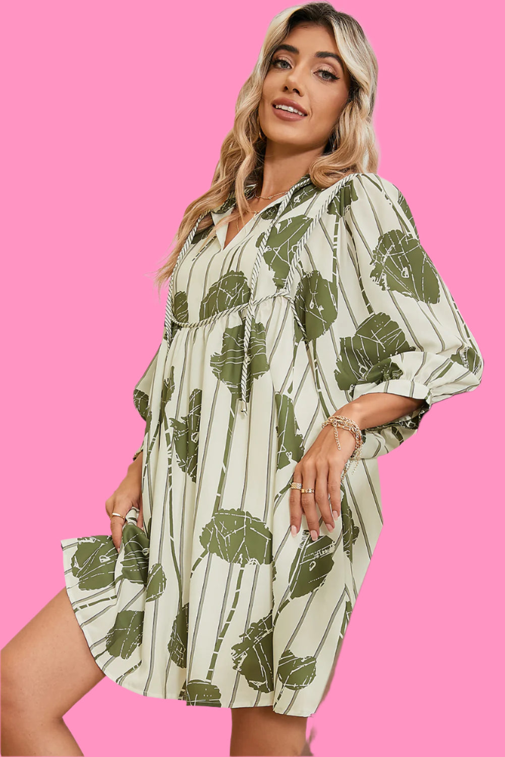 Guacamole Green Abstract Print Striped V-Neck Mini Dress