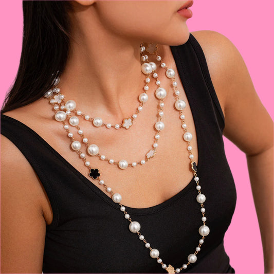 Pearl Round Bead Long Chain Necklace – Internet Famous Style CCB Bead Collarbone Chain