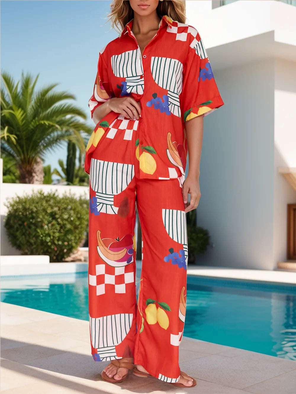 Printed Wide Leg Pants Set