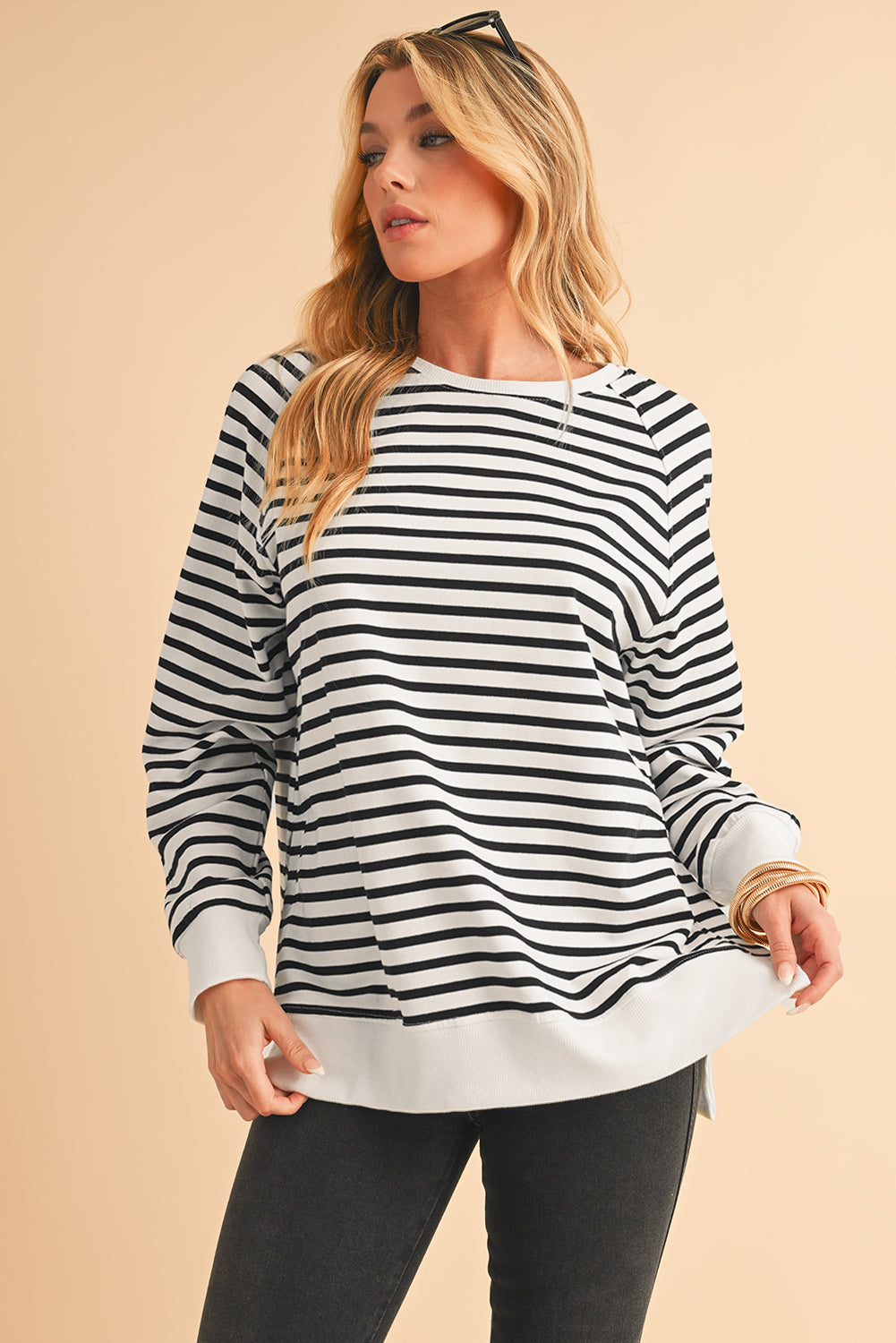 Black Stripe Loose Split Sweatshirt