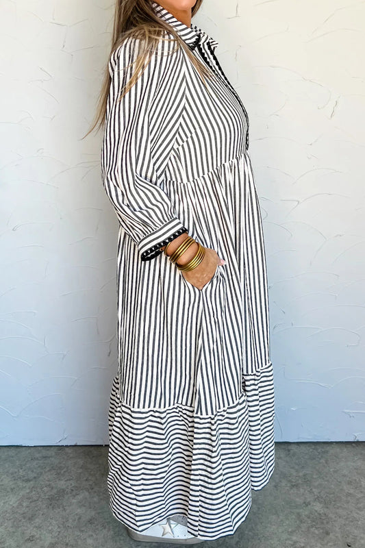 Black Stripe 3/4 Sleeve Long Dress