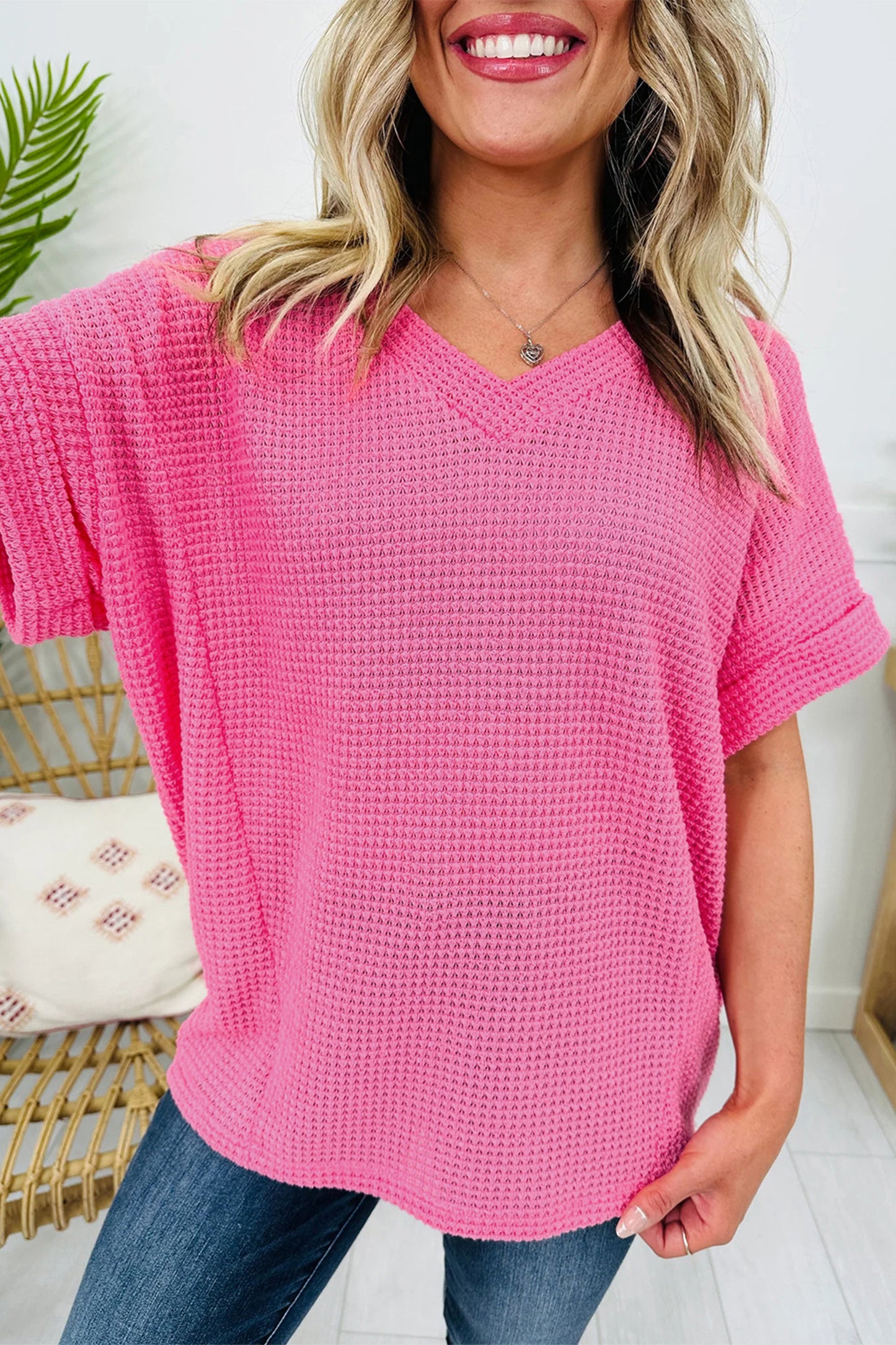 Wisteria Waffle V Neck Short Sleeve Knit Top