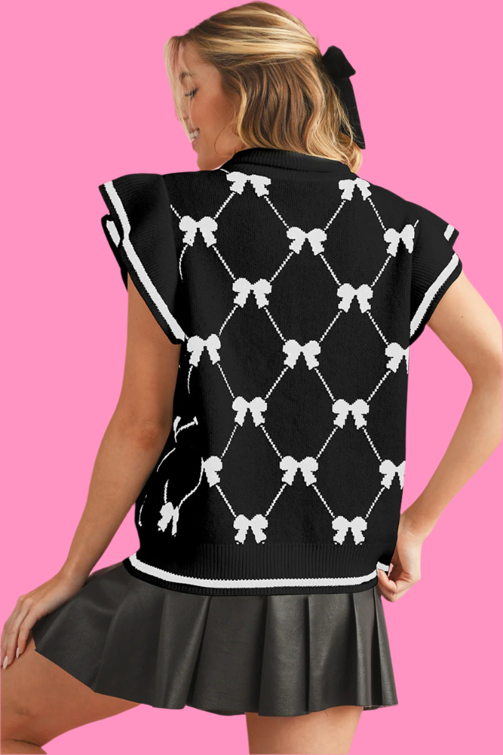 Black Preppy Bow Print Zipped Collar Knit Top