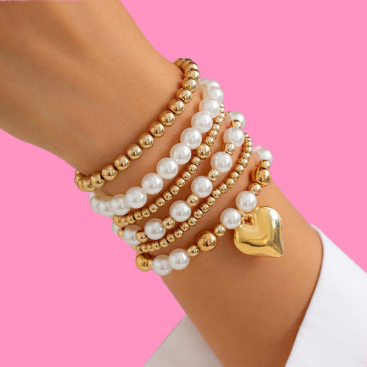 Gold Pearl Stackable Bracelets for Women Cross Pearl Bracelets Gold Beaded Bracelets Multi Layer Pearl Stretch Bracelets Dainty Pearl Bracelet Jewelry