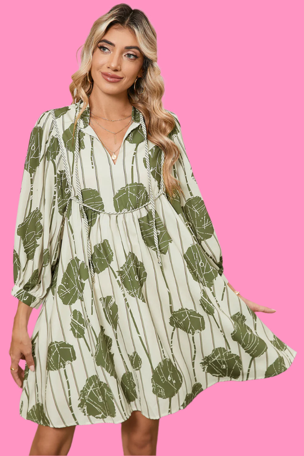 Guacamole Green Abstract Print Striped V-Neck Mini Dress