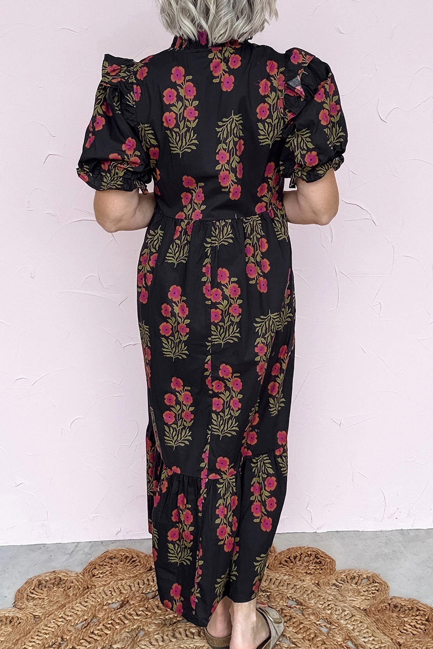 Black Floral Short Sleeve Maxi Dress
