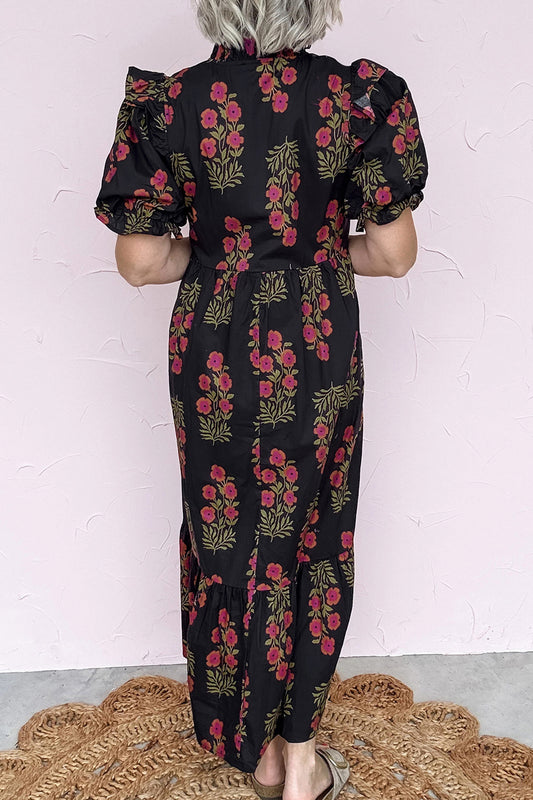 Black Floral Short Sleeve Maxi Dress