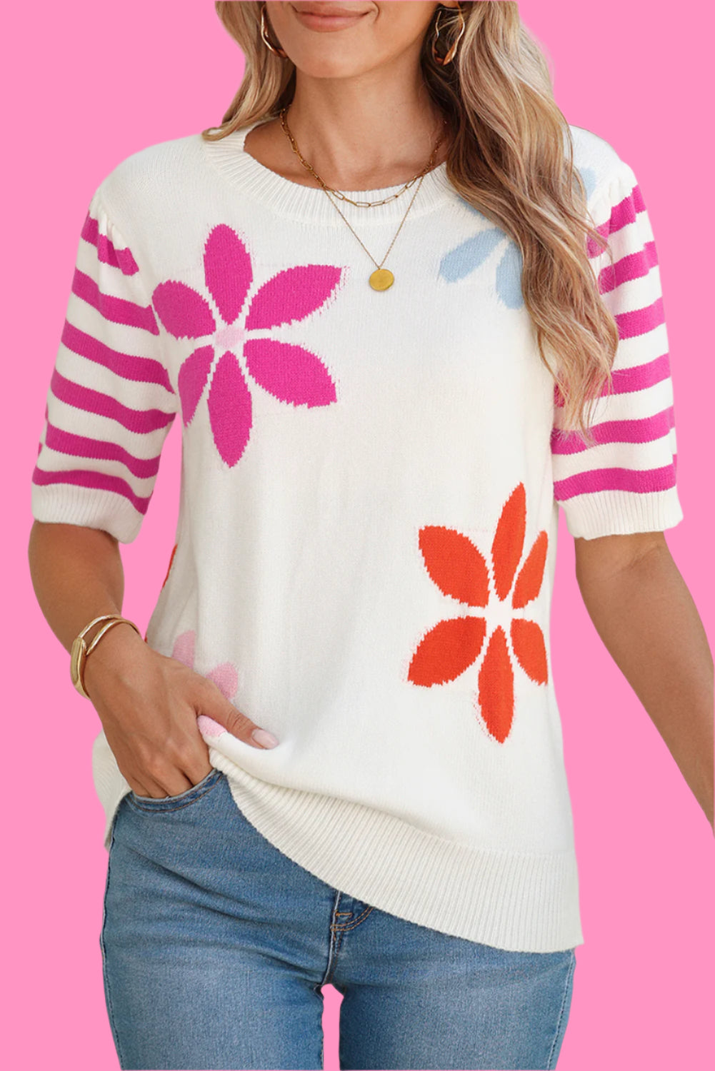 White Colorful Floral Print Striped Sleeve Knitted Tee