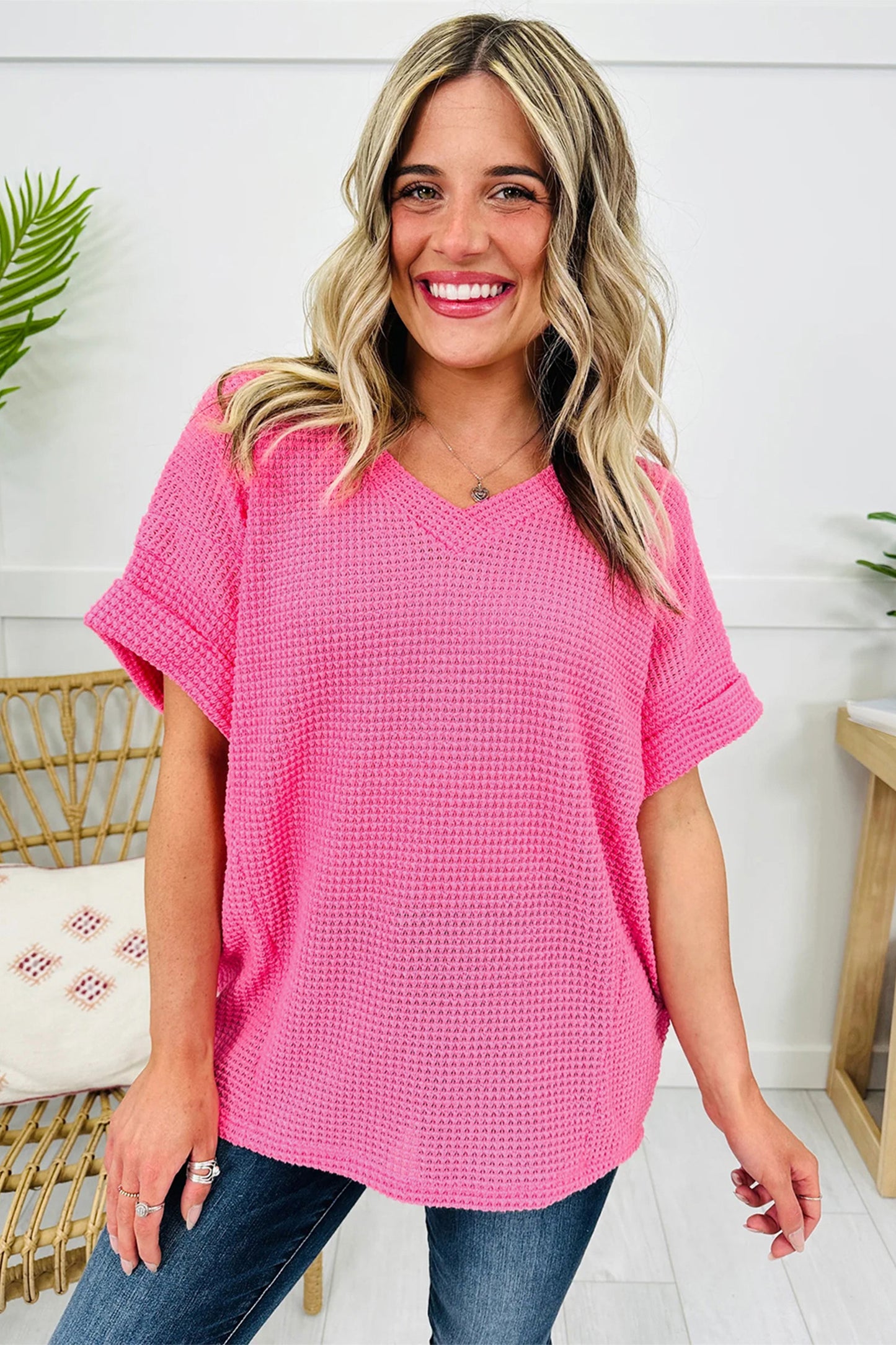Wisteria Waffle V Neck Short Sleeve Knit Top