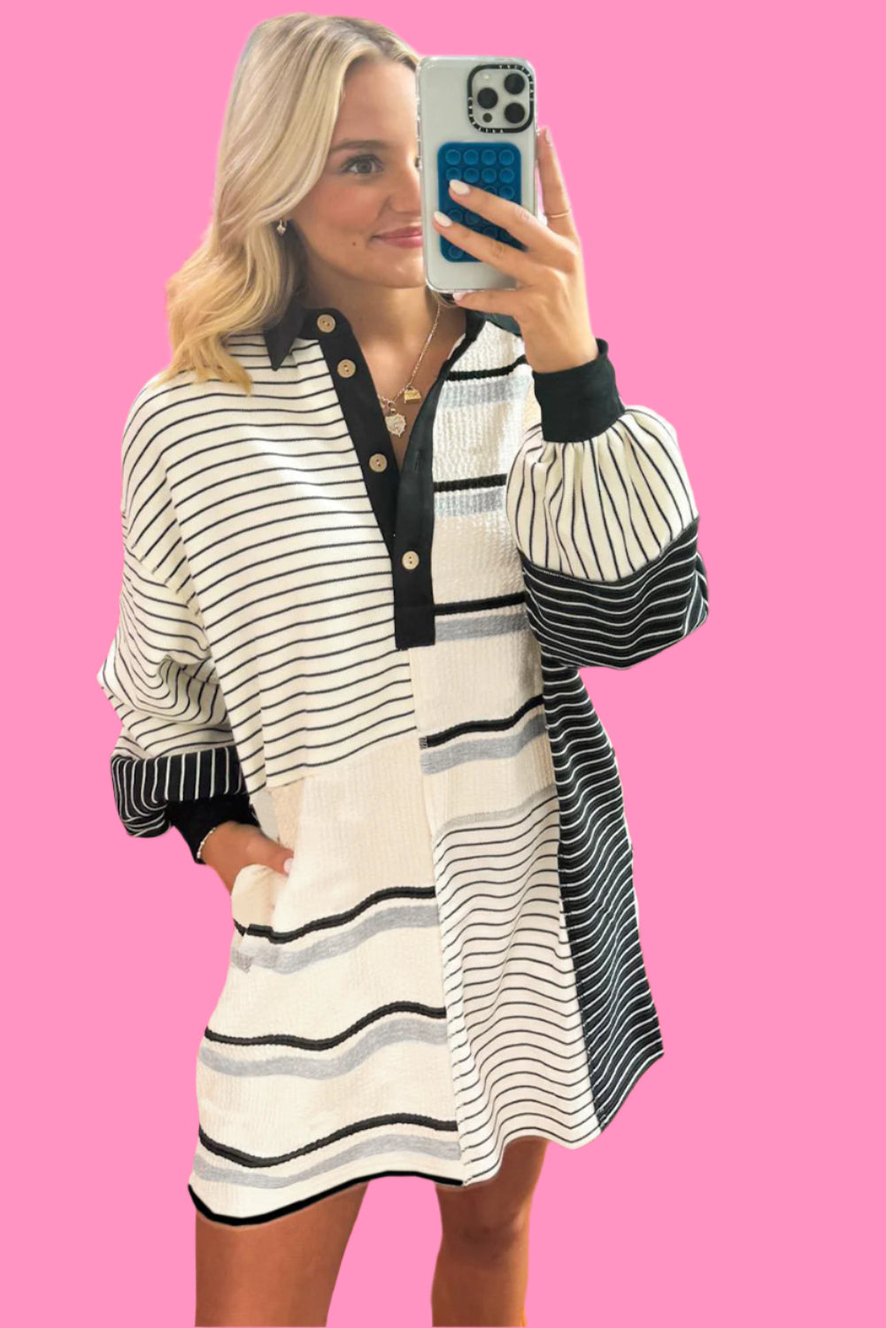 Black Stripe Colorblock Long Sleeve Collar Half Buttons Mini Dress