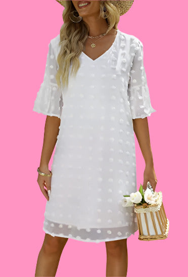 Lese's V-Neck Chiffon Swiss Dot Short Sleeve Dress
