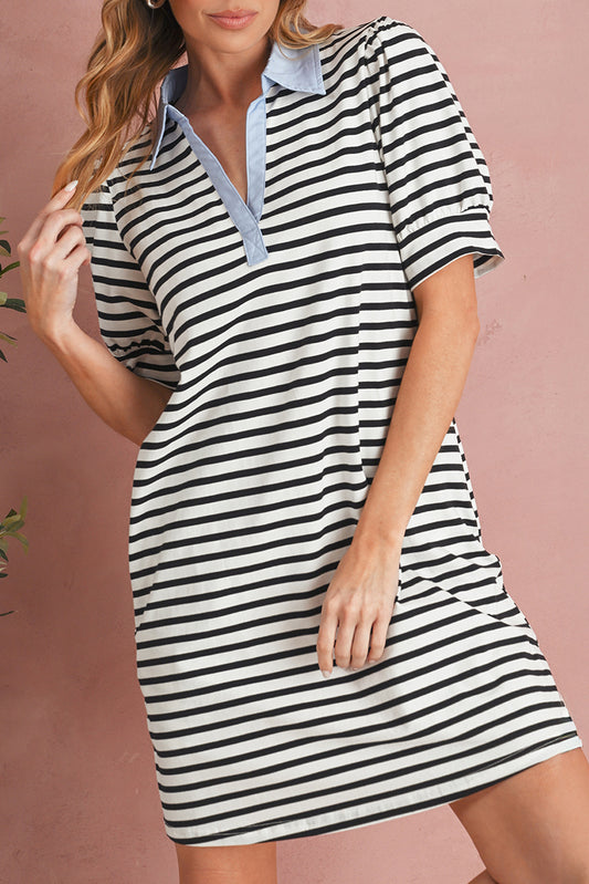 Black Stripe Collared Puff Sleeve Mini Dress