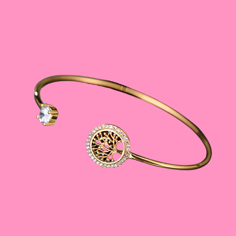 Adjustable Tree of Life Bracelet, Stainless Steel CZ  Bangle