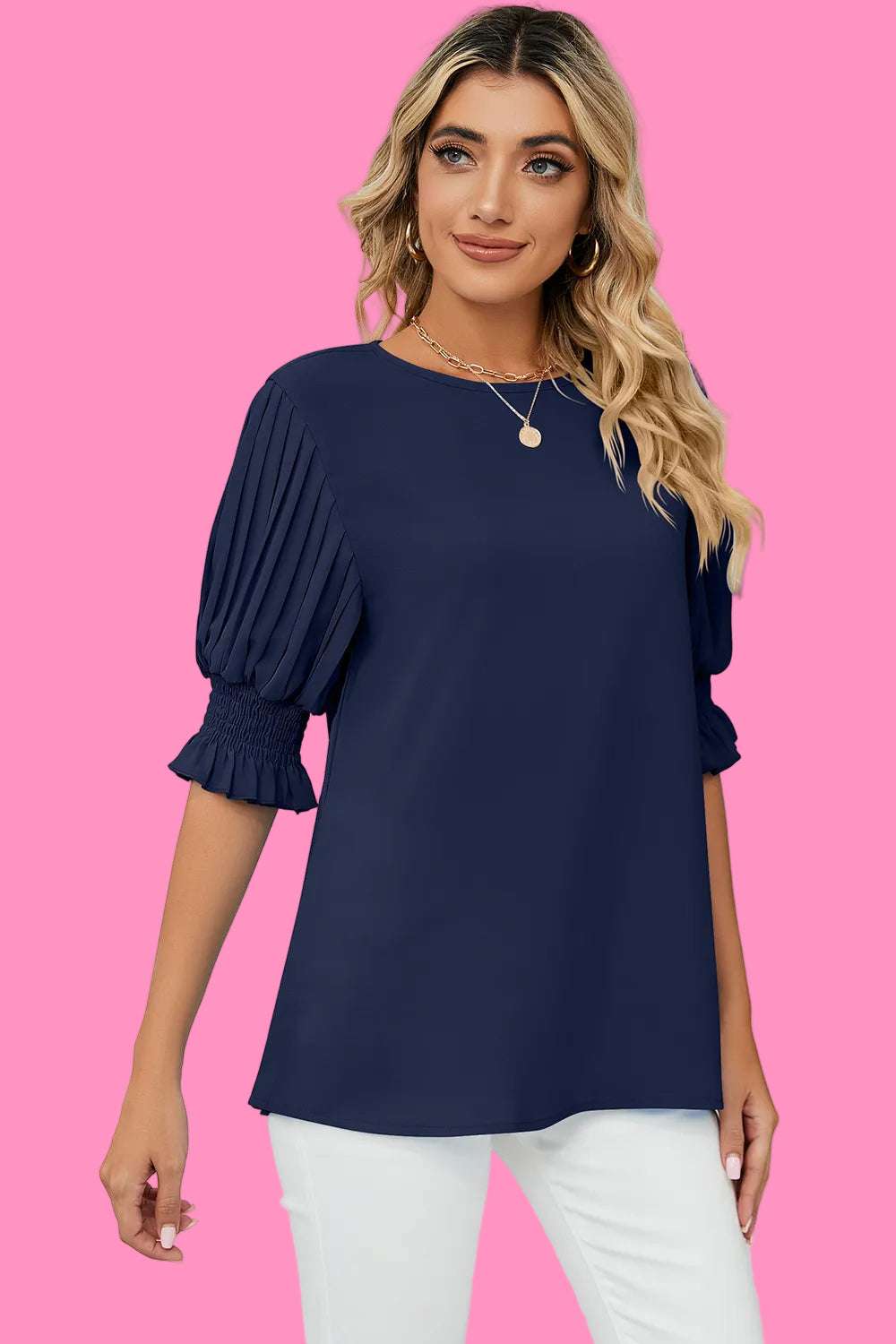 Solid color round neck ruffle princess sleeves loose chiffon top for women