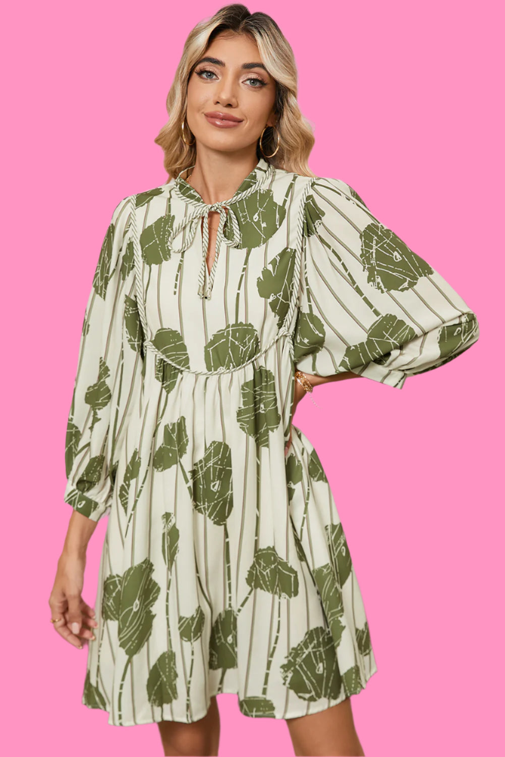 Guacamole Green Abstract Print Striped V-Neck Mini Dress