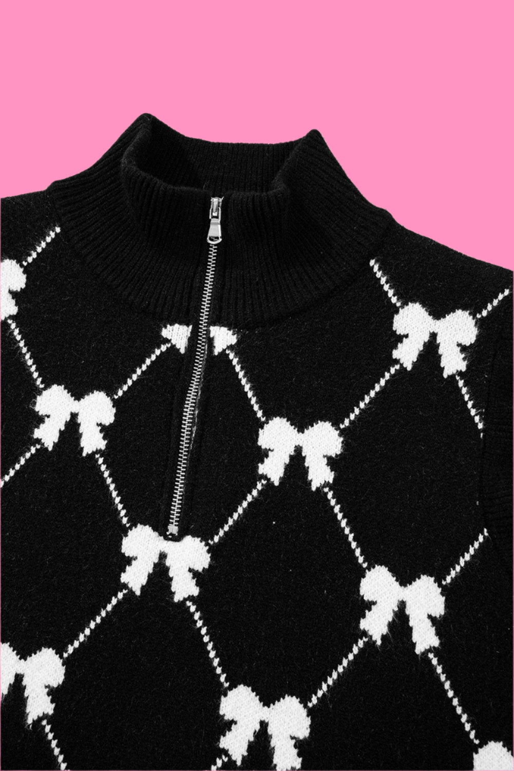 Black Preppy Bow Print Zipped Collar Knit Top