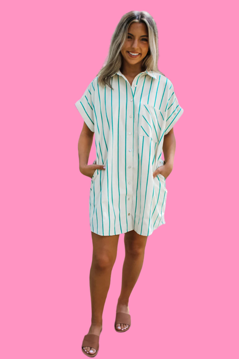 Mint Green Striped Pocket Short Sleeve Mini Dress