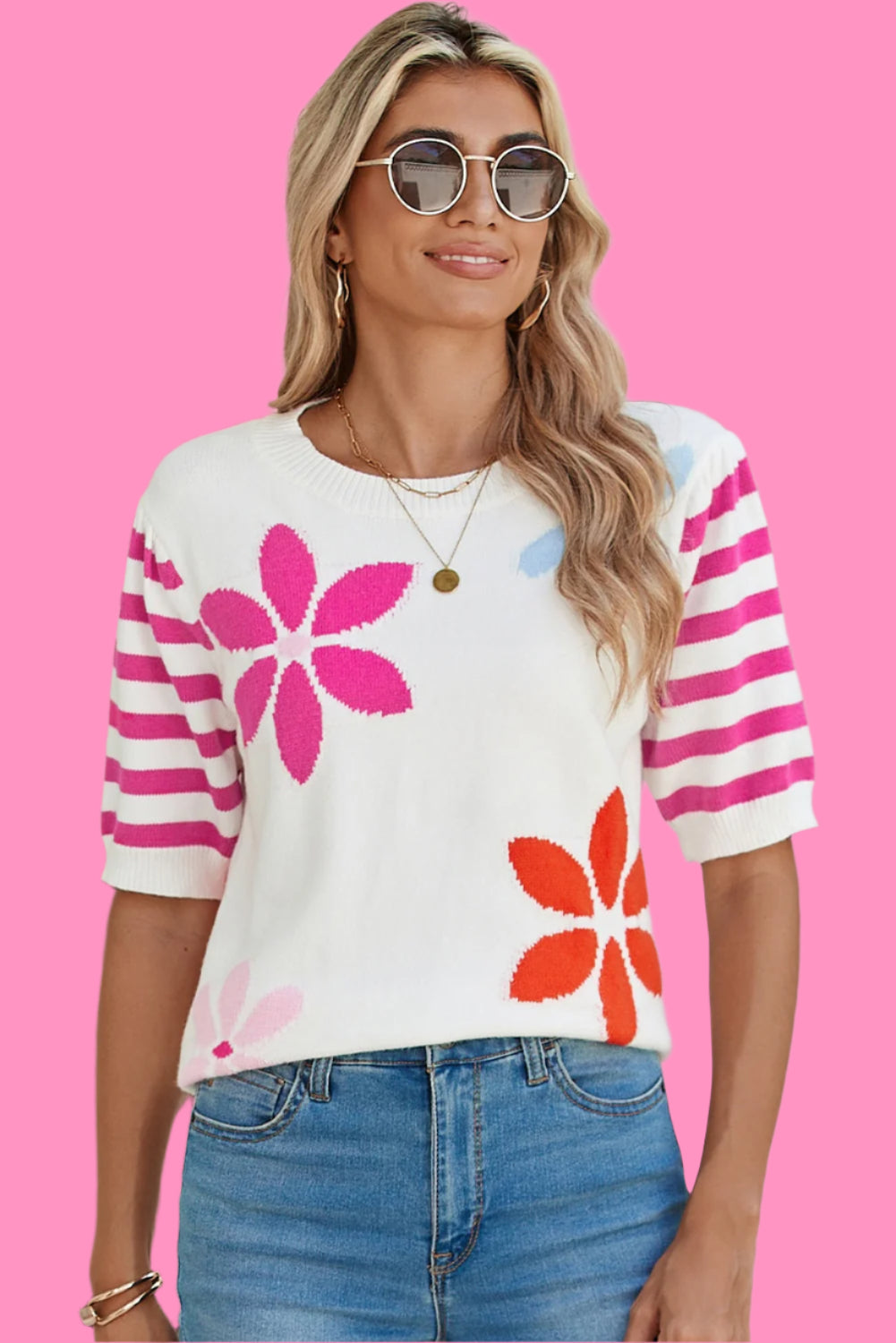 White Colorful Floral Print Striped Sleeve Knitted Tee