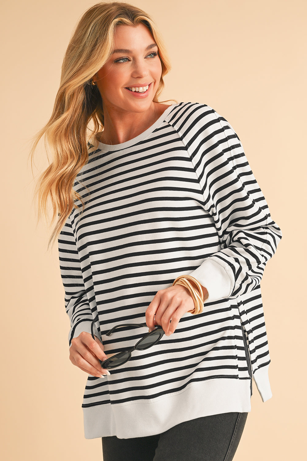 Black Stripe Loose Split Sweatshirt
