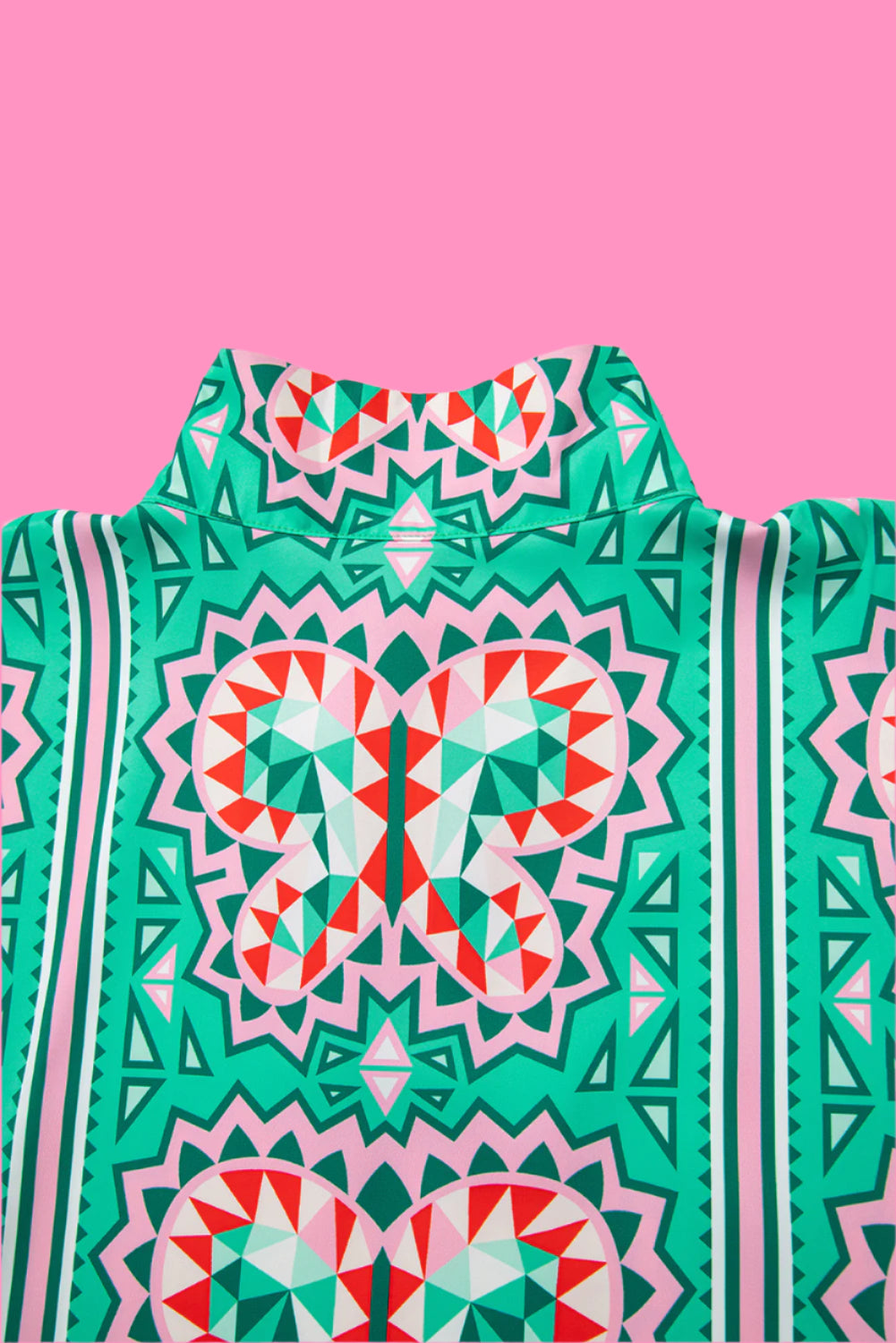 Sea Green Boho Geometric Print Split Neck Blouse