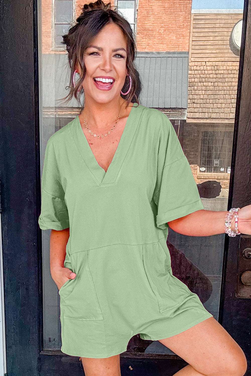 Loose Half Sleeve V Neck Romper