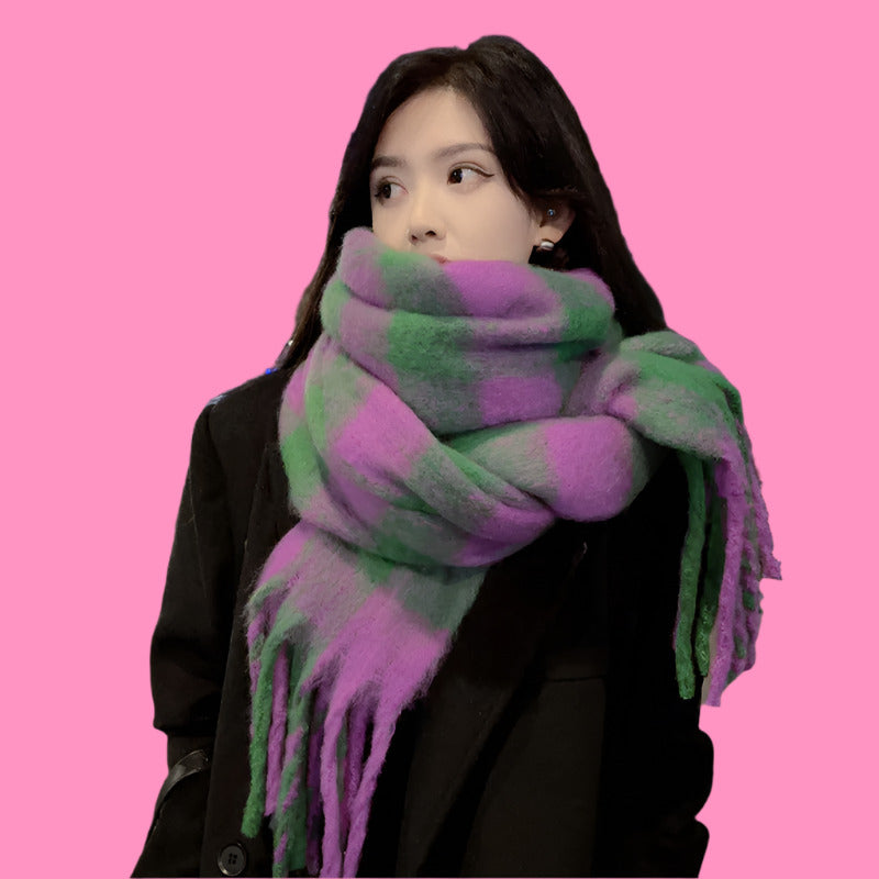 Women Plaid Scarf Winter Pashmina Shawls Cashmere Thick Wraps Lady Tassel Warm Scarves Rainbow