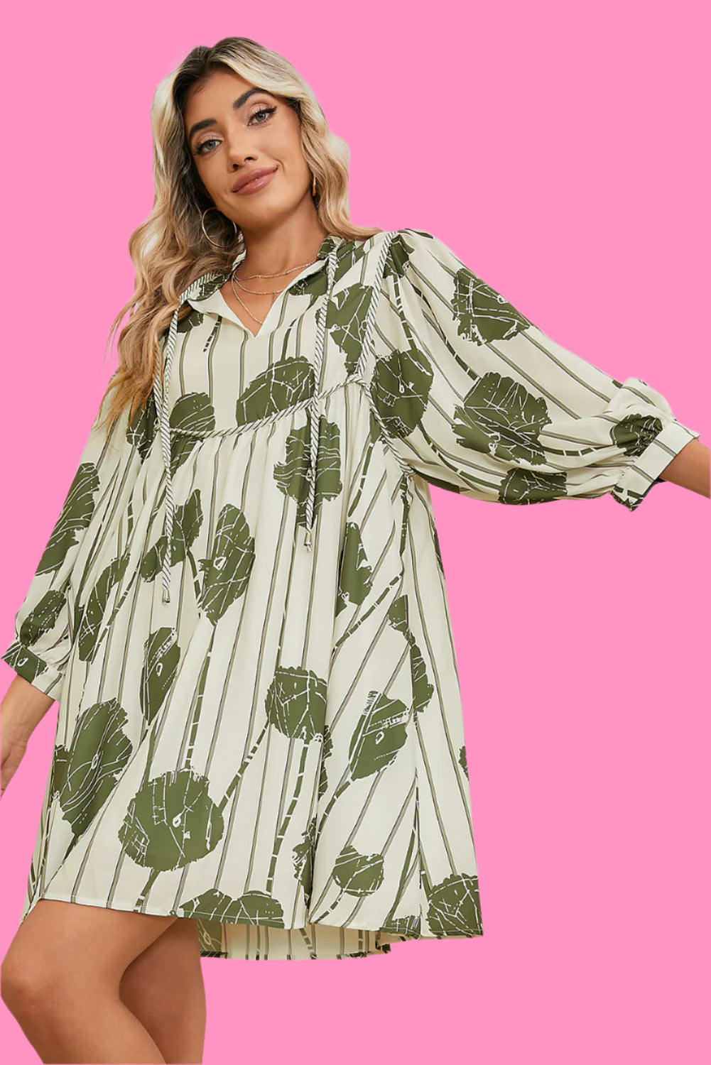 Guacamole Green Abstract Print Striped V-Neck Mini Dress