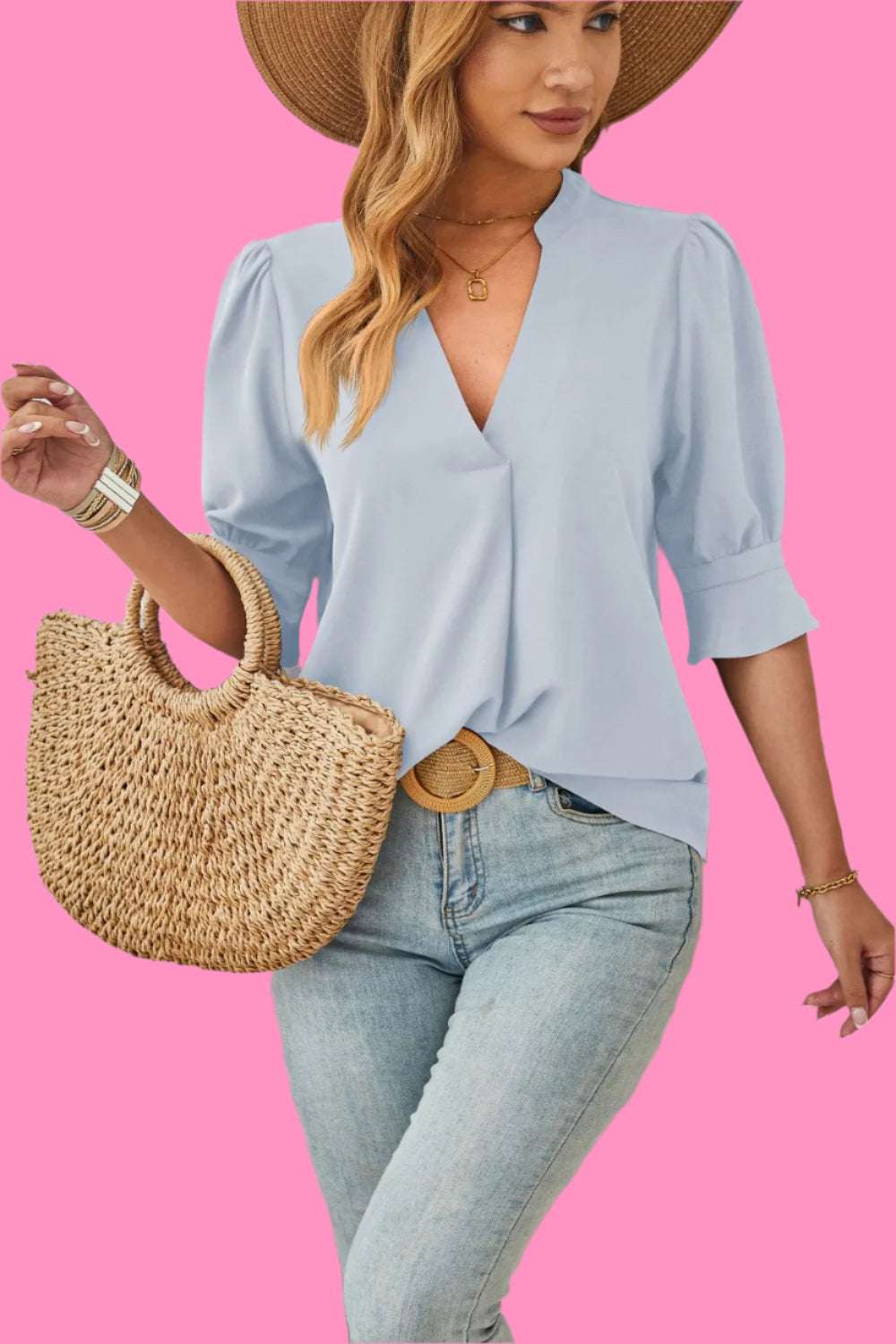V-neck mid sleeve comfortable and breathable casual top