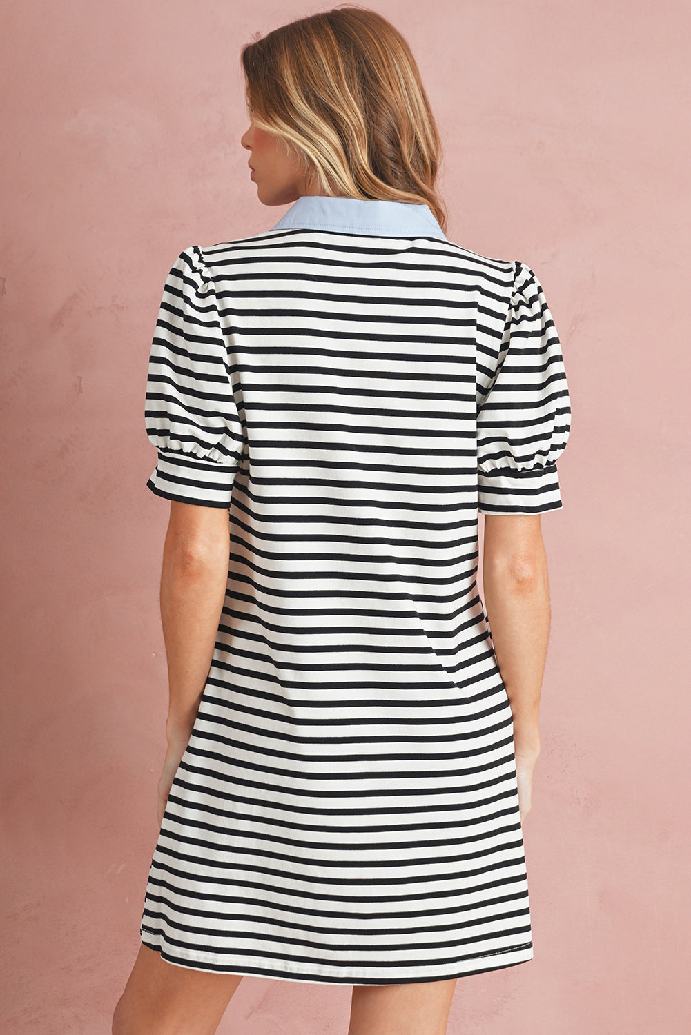 Black Stripe Collared Puff Sleeve Mini Dress