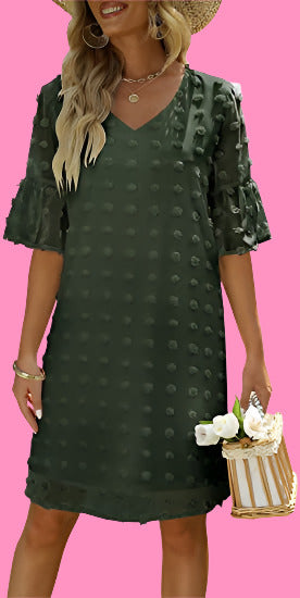 Lese's V-Neck Chiffon Swiss Dot Short Sleeve Dress