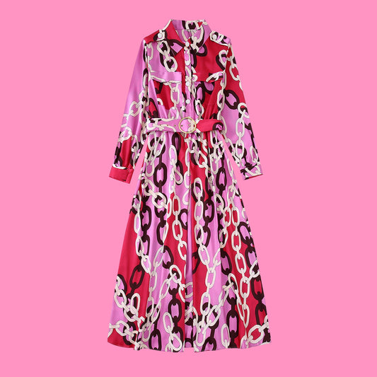 Chain Print With Belted Shirt Dress