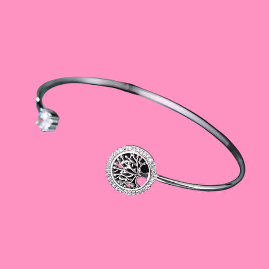 Adjustable Tree of Life Bracelet, Stainless Steel CZ  Bangle