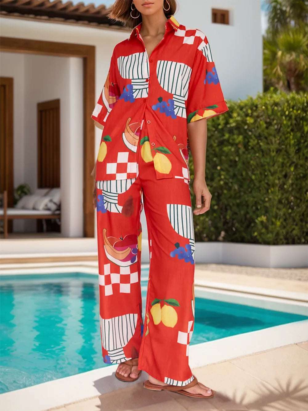 Printed Wide Leg Pants Set