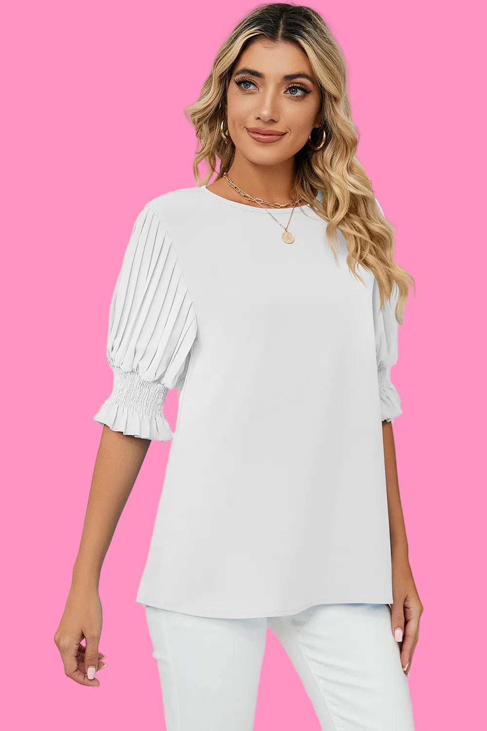 Solid color round neck ruffle princess sleeves loose chiffon top for women