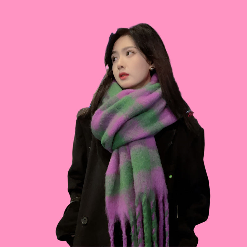 Women Plaid Scarf Winter Pashmina Shawls Cashmere Thick Wraps Lady Tassel Warm Scarves Rainbow