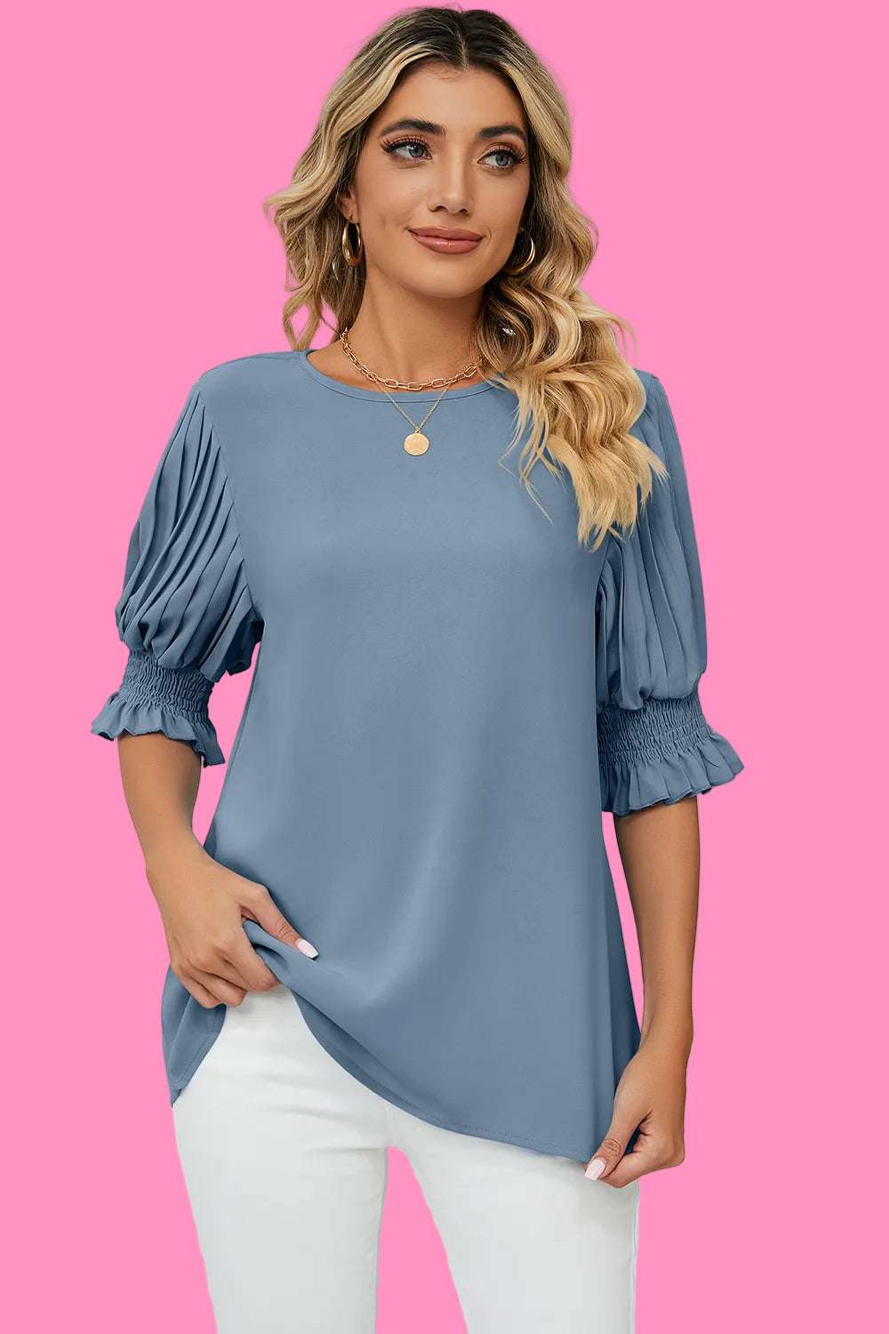Solid color round neck ruffle princess sleeves loose chiffon top for women