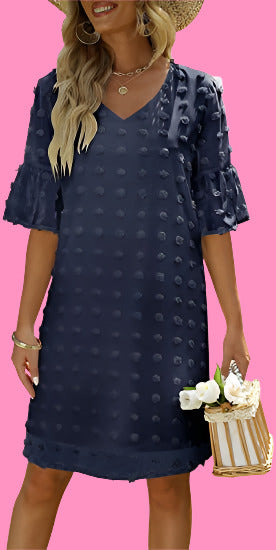 Lese's V-Neck Chiffon Swiss Dot Short Sleeve Dress