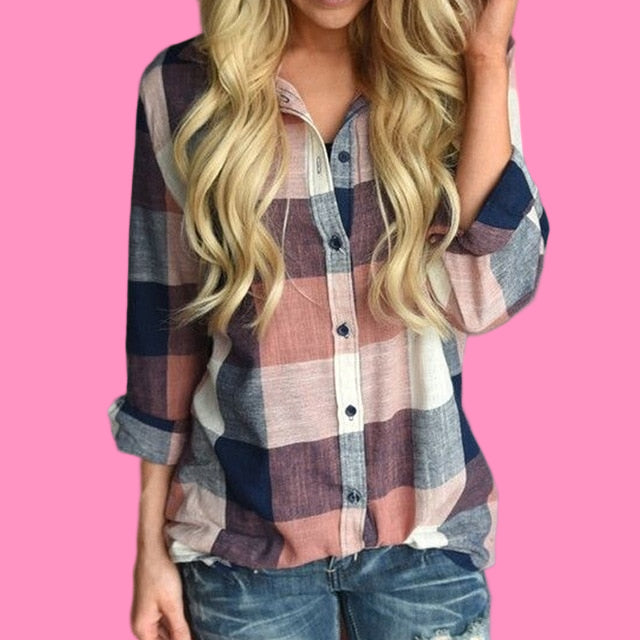 Color Long Sleeve Button Loose Plaid Shirt