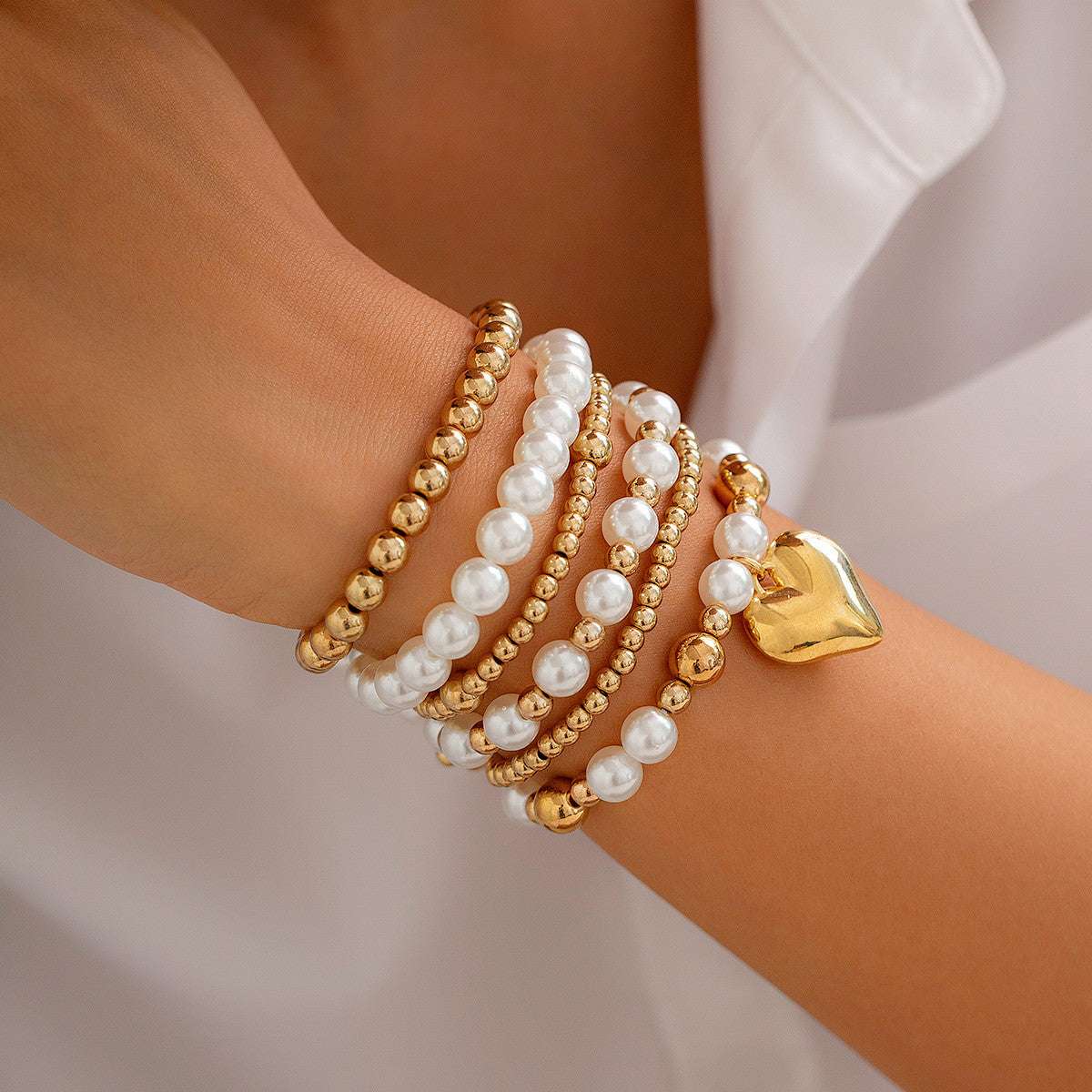 Gold Pearl Stackable Bracelets for Women Cross Pearl Bracelets Gold Beaded Bracelets Multi Layer Pearl Stretch Bracelets Dainty Pearl Bracelet Jewelry